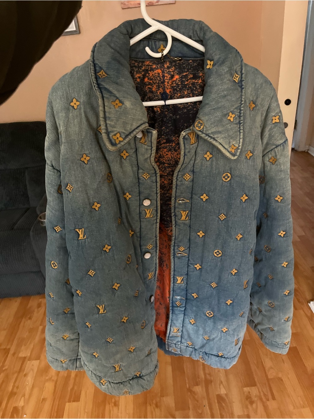 Louis Vuitton Blue Denim Quilted Puffer Jacket with Gold Monogram Accents